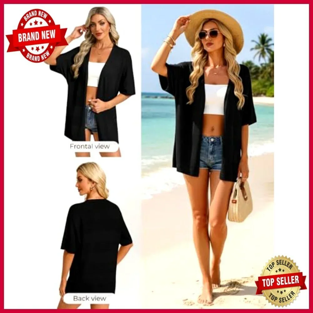 Lightweight Crochet Cardigan, Open Front, Short Sleeve, Boho Kimono